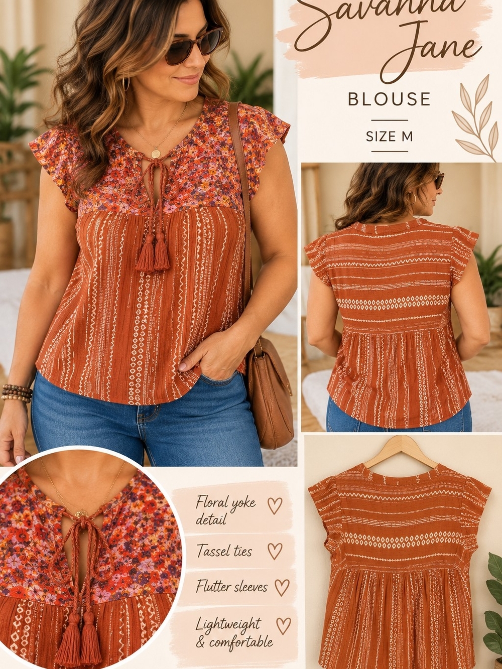 Savanna Jane Rust Floral Yoke Tassel Flutter Blouse